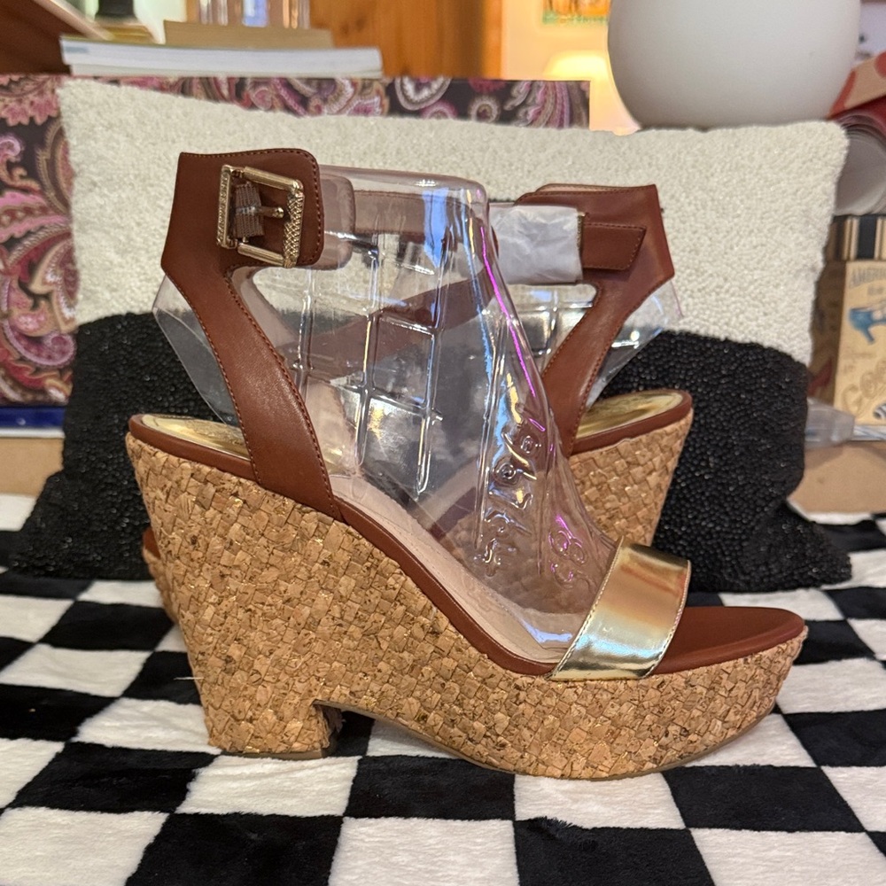 Vince Camuto Cork Wedges with Gold & Brown Accents